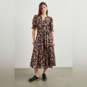 NWOT Rails Eliana Floral Puff Sleeve Tiered Midi Dress Black and Pink Size XS